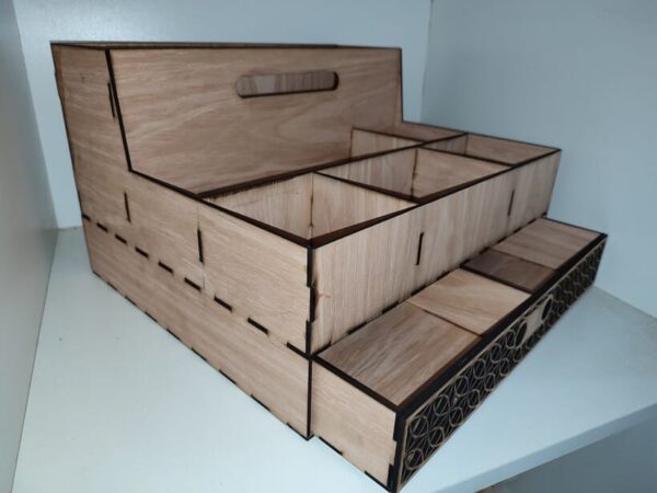 Wooden Tools and Accessories Organizer with Dividers, Carry Handle, and Bottom Drawer - Image 2